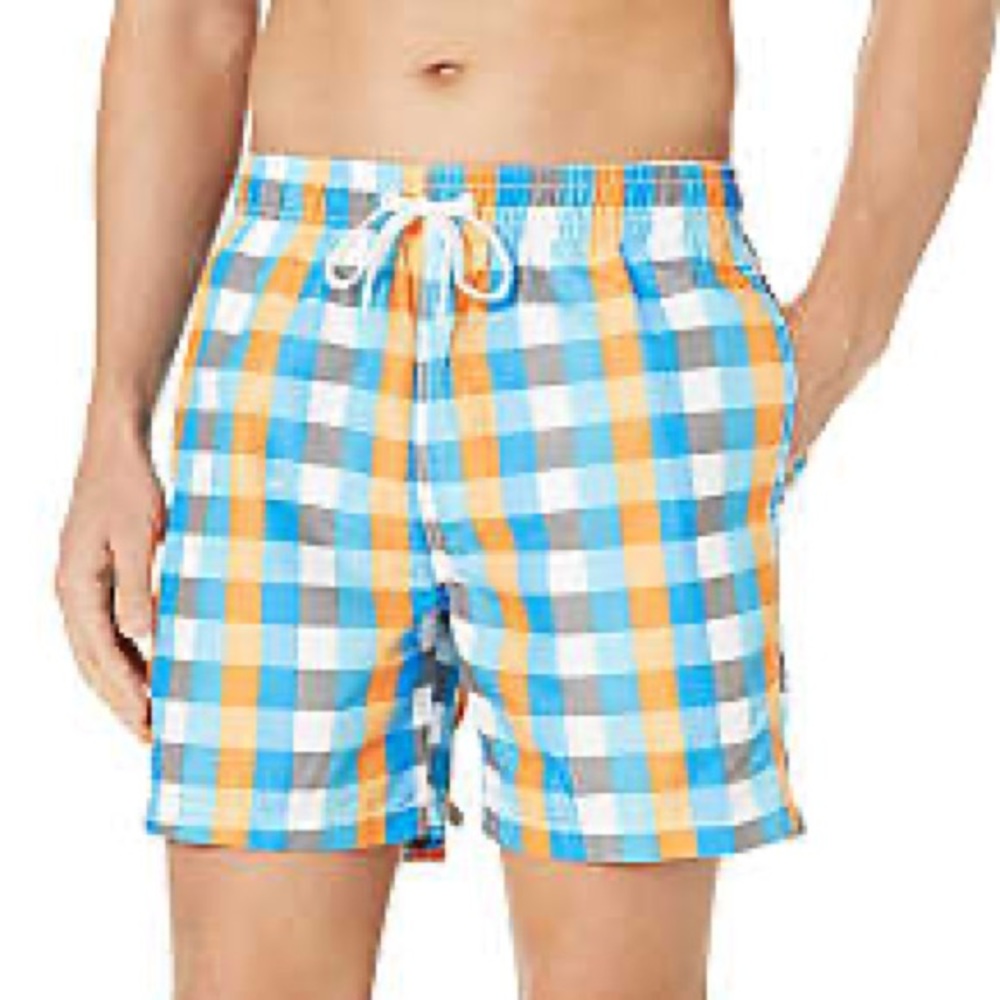 LIKE‎ NEW Kanu Surf Orange/Blue Plaid Drawstring 6” Swim Trunks Large